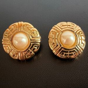 Givenchy Vintage Round Gold Tone Faux Pearl Logo Clip-On Earrings